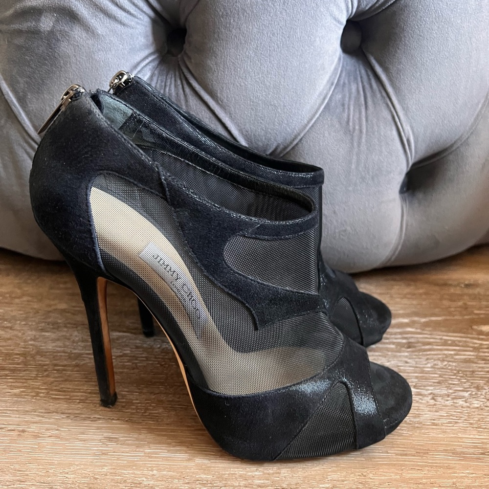 Jimmy Choo black suede and mesh peep toe booties. Gently worn.